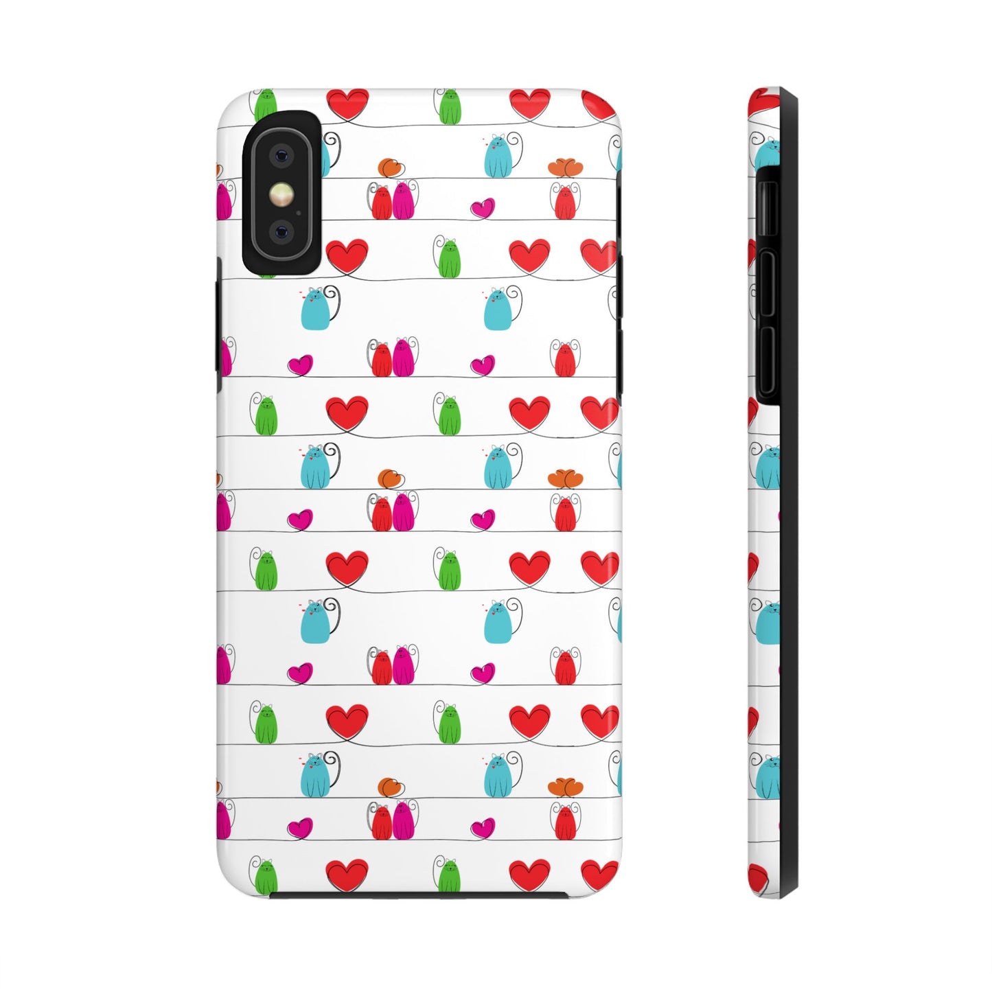 Printify phone case with whimsical cat print phone cover featuring colorful cats and red hearts on white
