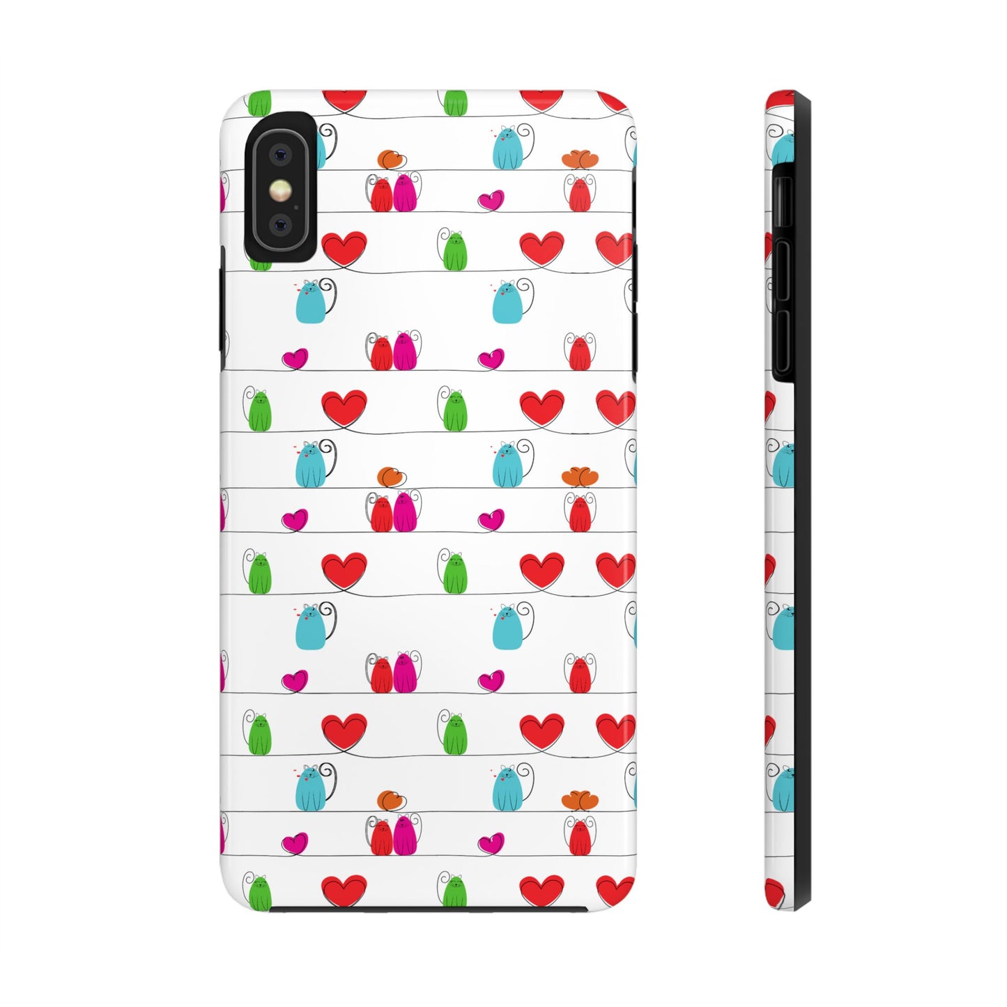 Printify phone case with whimsical cat print phone cover featuring colorful cats hearts and playful stripes