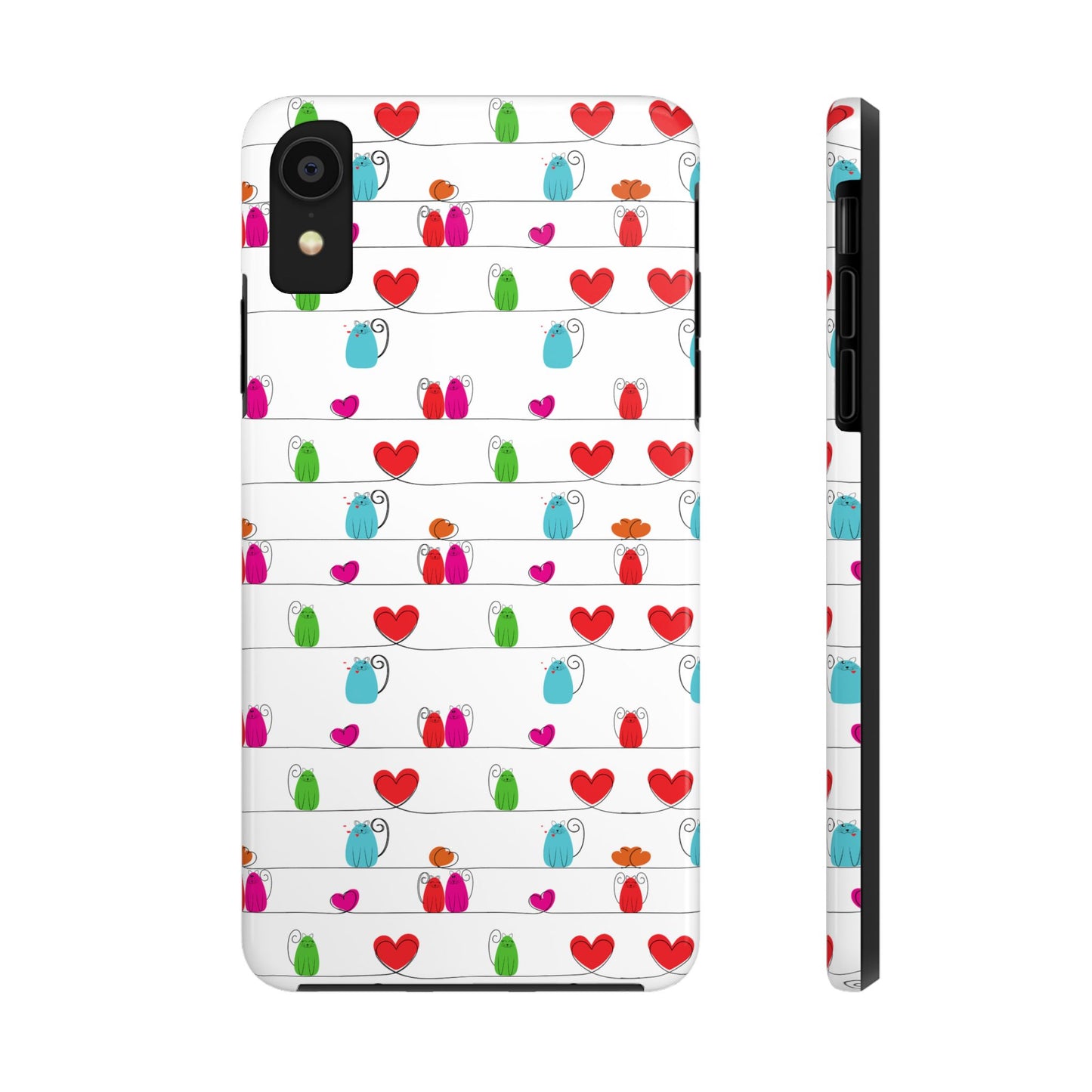 Printify slim phone case with whimsical cat print phone cover featuring colorful cats on lines and red hearts