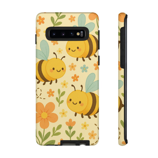 Cute cartoon floral bee tough phone case featuring cheerful bees and colorful flowers.