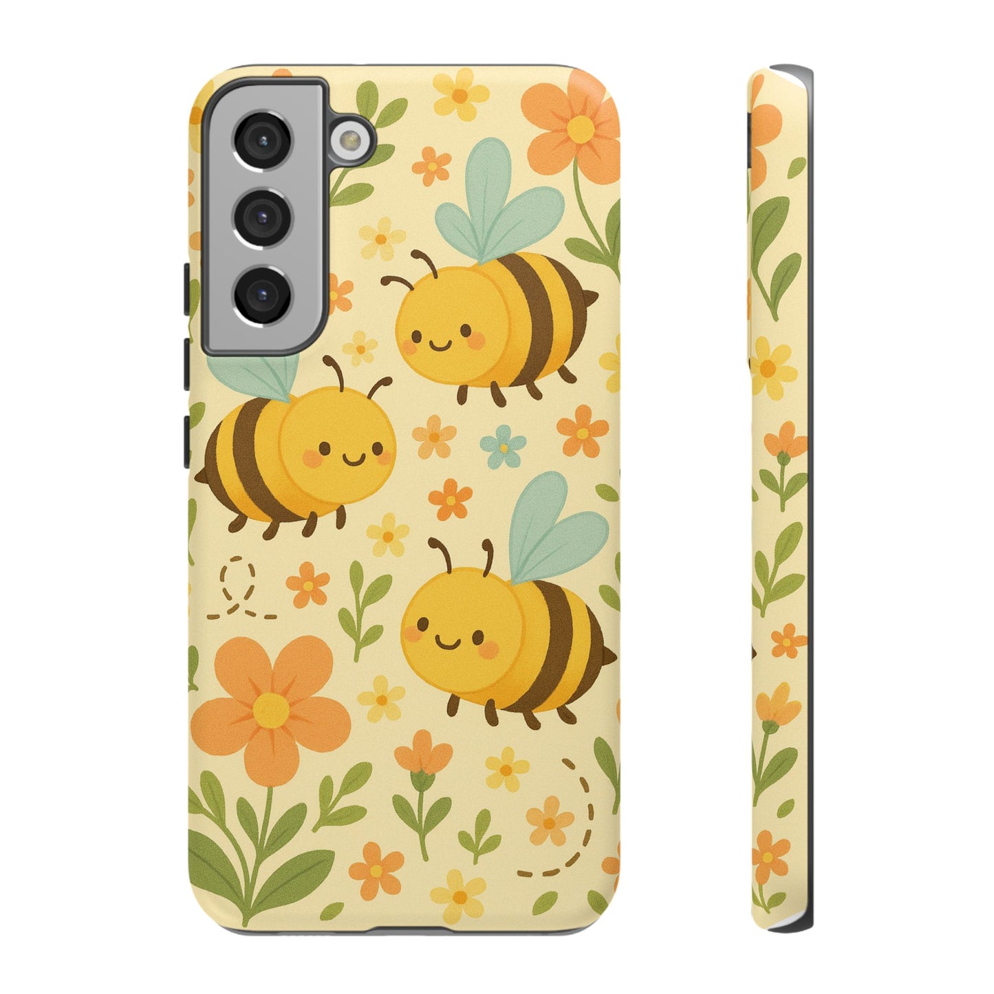 Cute cartoon floral bee tough phone case featuring cheerful bees and colorful flowers