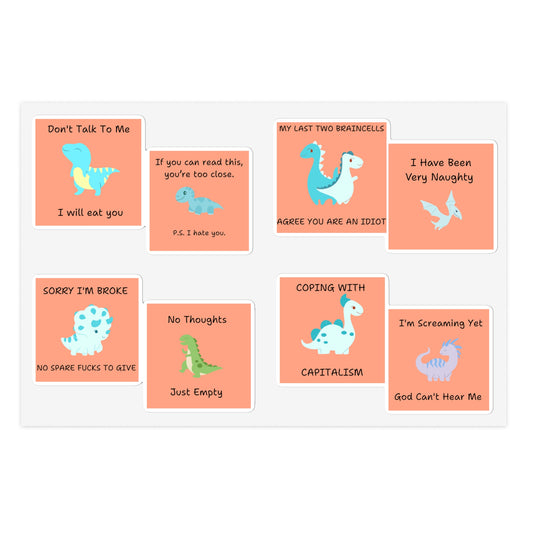 Funny edgy sarcastic cute dino sticker bundle featuring various dinosaur designs and humorous phrases