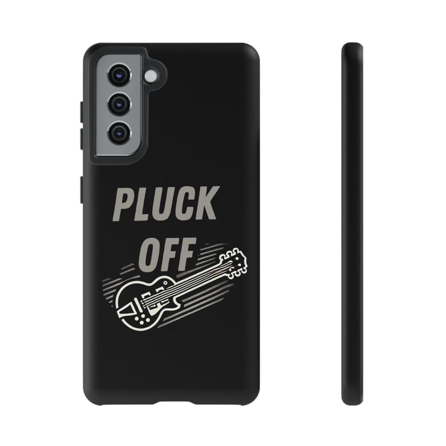Funny pluck off tough phone case with guitar design and bold text on a black background