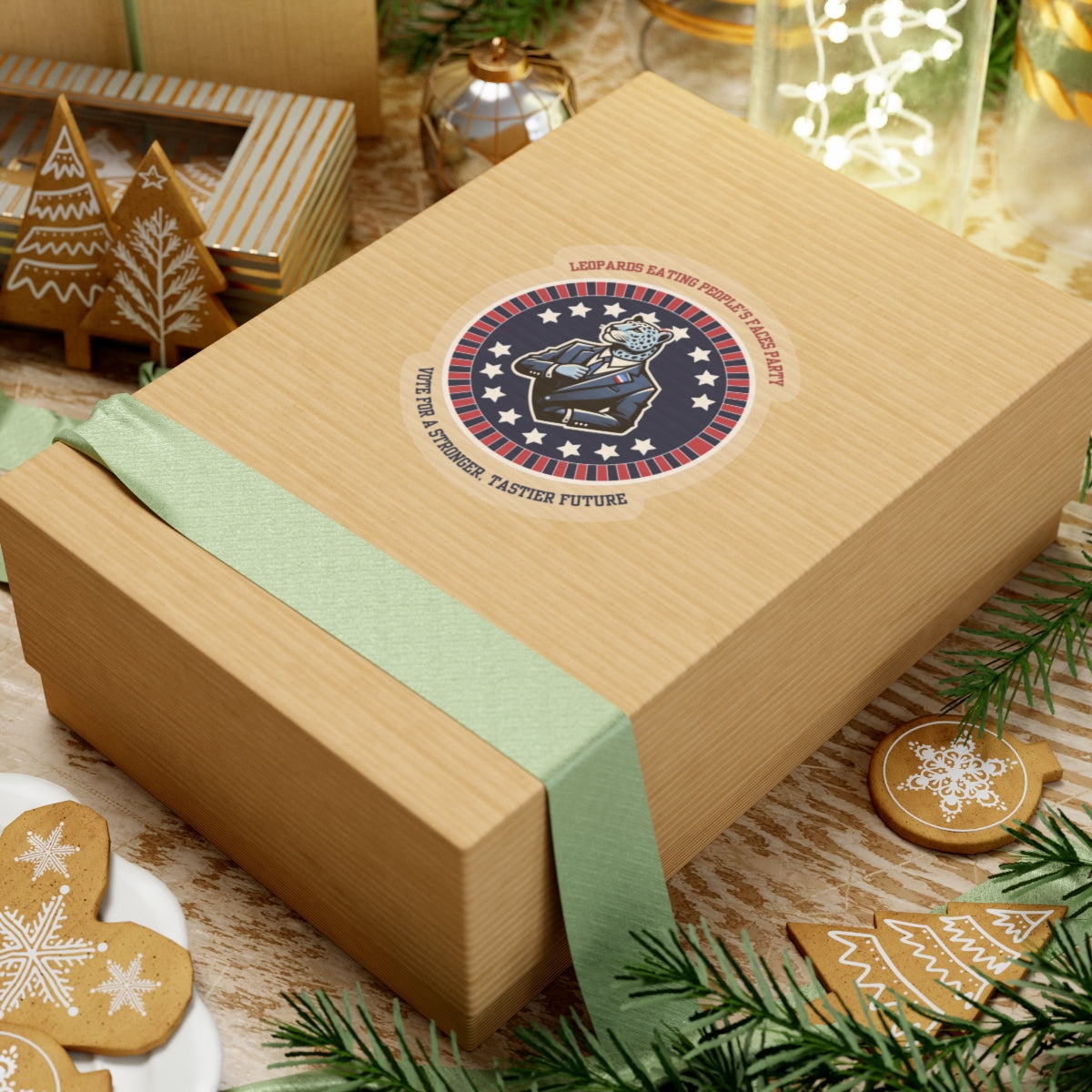 Funny political leopard face eating party sticker on gift box with holiday decorations