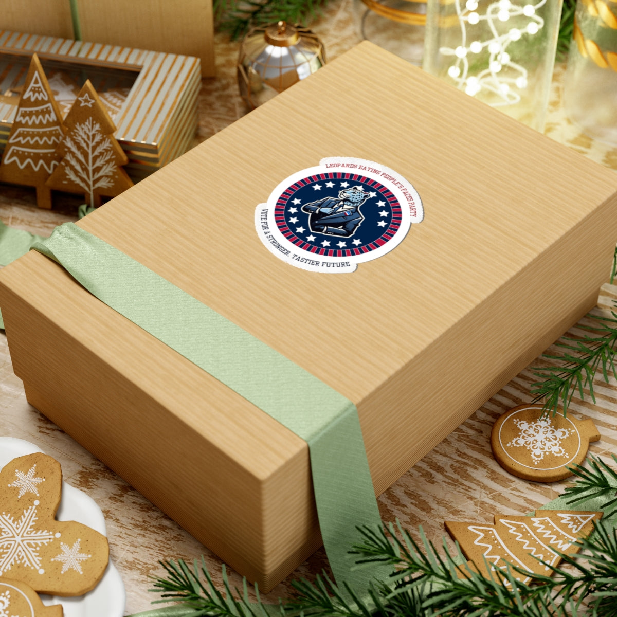 Funny political leopard face eating party sticker on a gift box among holiday decorations