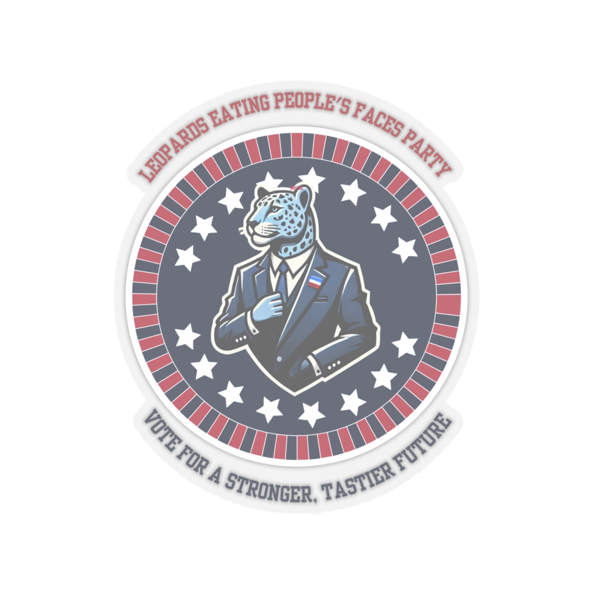 Funny political leopard face eating party sticker with leopard in suit and patriotic stars