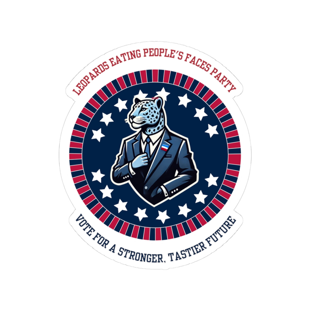 Funny political leopard face eating party sticker with leopard in suit and patriotic design