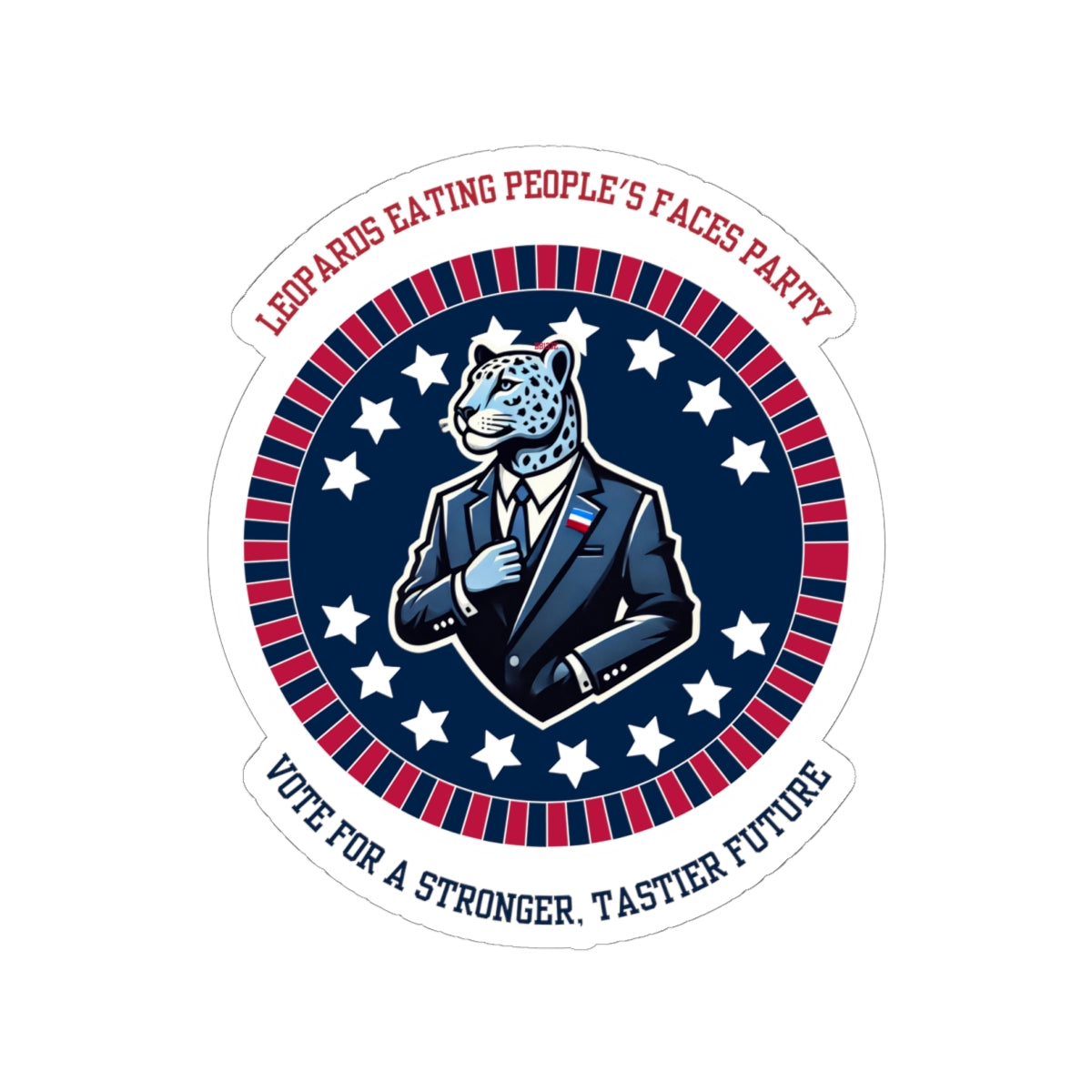 Funny political leopard face eating party sticker featuring a leopard in a suit with patriotic stars and stripes design