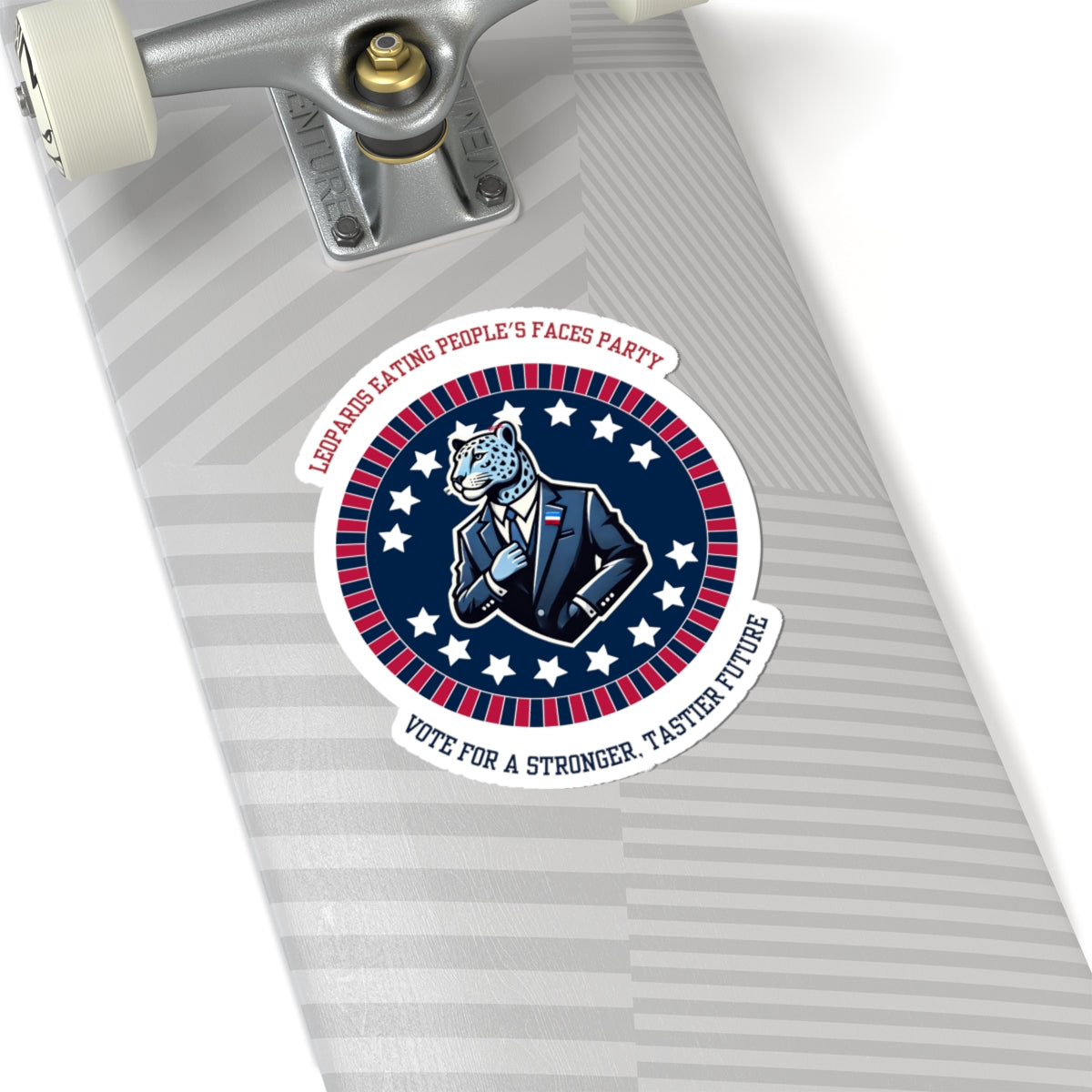 Funny political leopard face eating party sticker on a gray skateboard deck by Printify