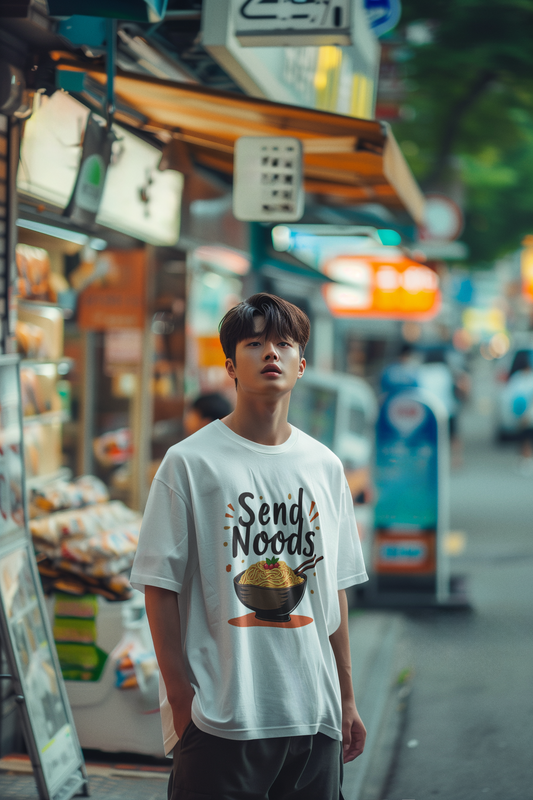Funny send noods food pun unisex shirt displayed on a model in an outdoor market setting