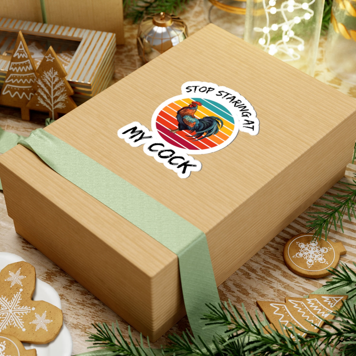 stop staring at my cock adult meme sticker on kraft gift box with green ribbon holiday display