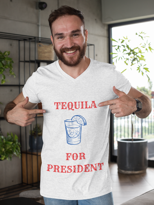 Smiling bearded man wearing Printify white V neck tequila for president political humor t-shirt with cocktail graphic