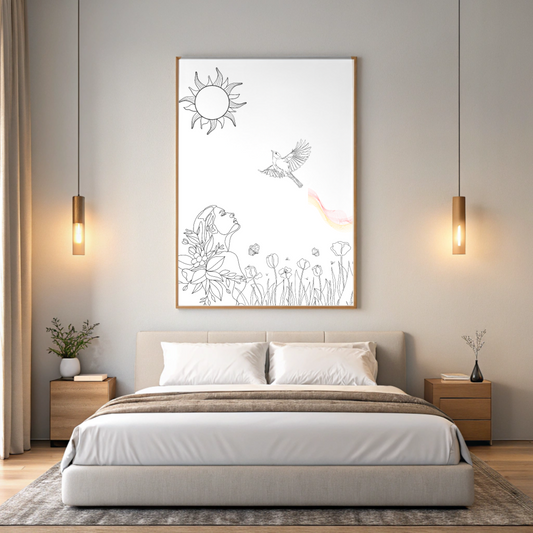 Healing line art canvas print with floral and bird design hanging above a modern bed in a minimalist bedroom