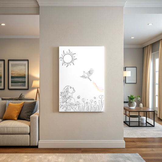 Healing line art canvas print of woman with flowers and bird under sun in modern living room