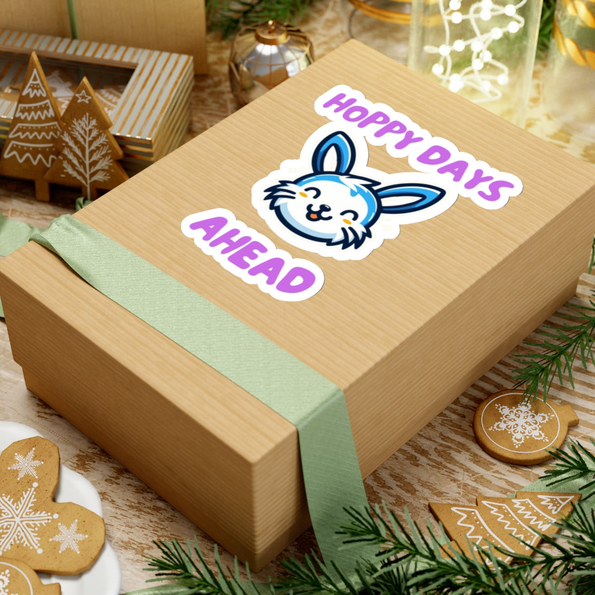 Hoppy days cute bunny sticker on a gift box with holiday decorations and green ribbon