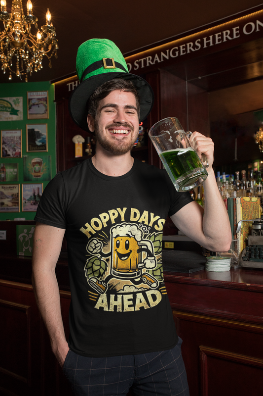 Man in pub wearing Printify black funny beer lover hoppy days ahead t-shirt holding green beer mug and leprechaun hat