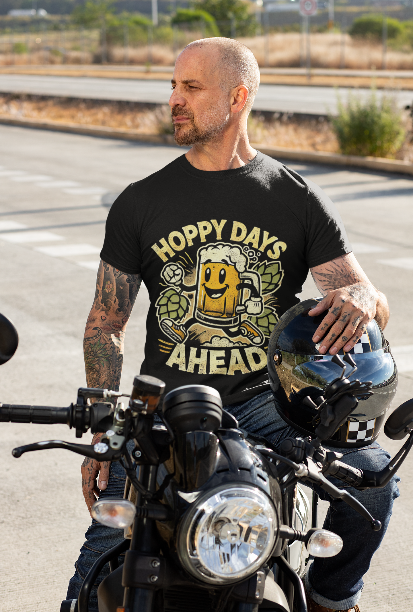Biker on motorcycle wearing black graphic t shirt with beer mug and hops and slogan funny beer lover hoppy days ahead t-shirt