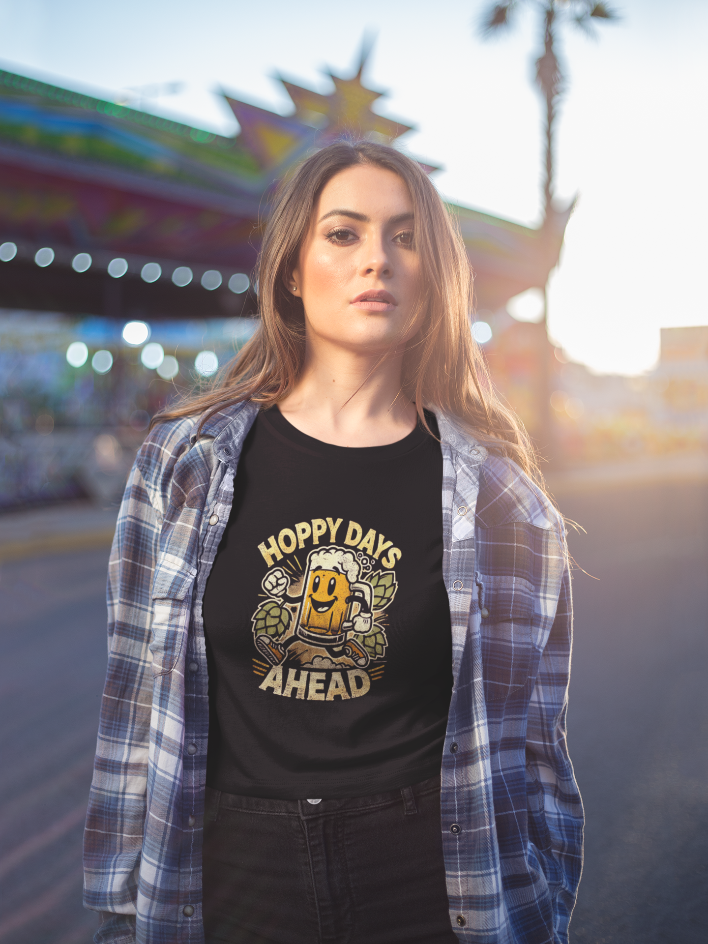 Model wearing Printify black tee with cartoon beer and hop design Hoppy Days Ahead funny beer lover hoppy days ahead t-shirt