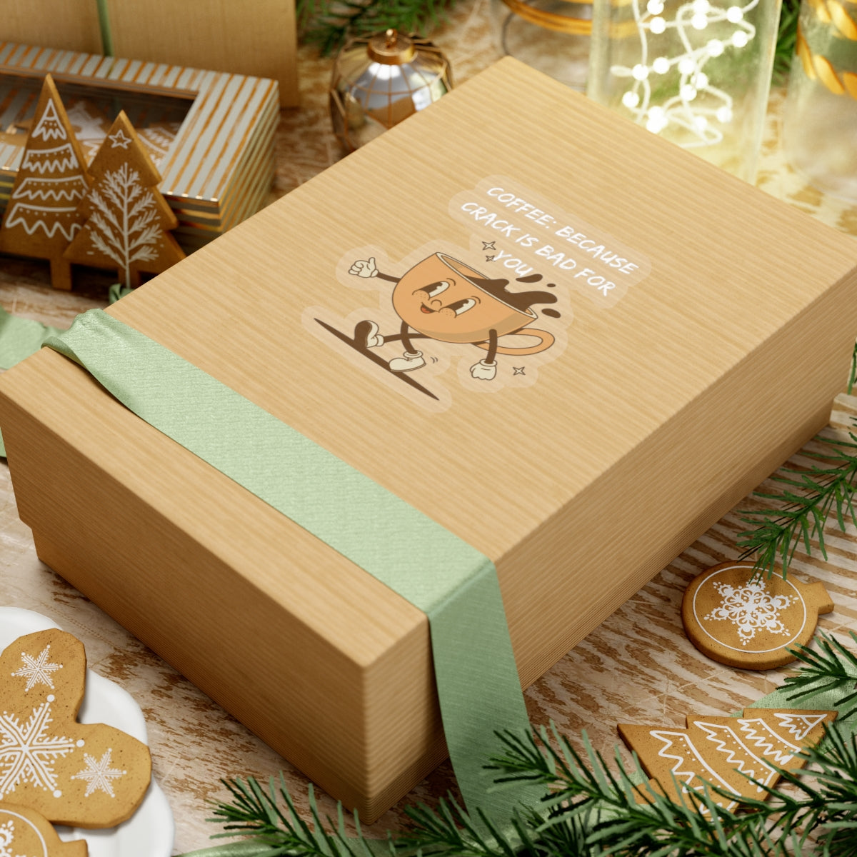 Humor kiss-cut sticker on a brown gift box with a funny coffee cup design from Printify
