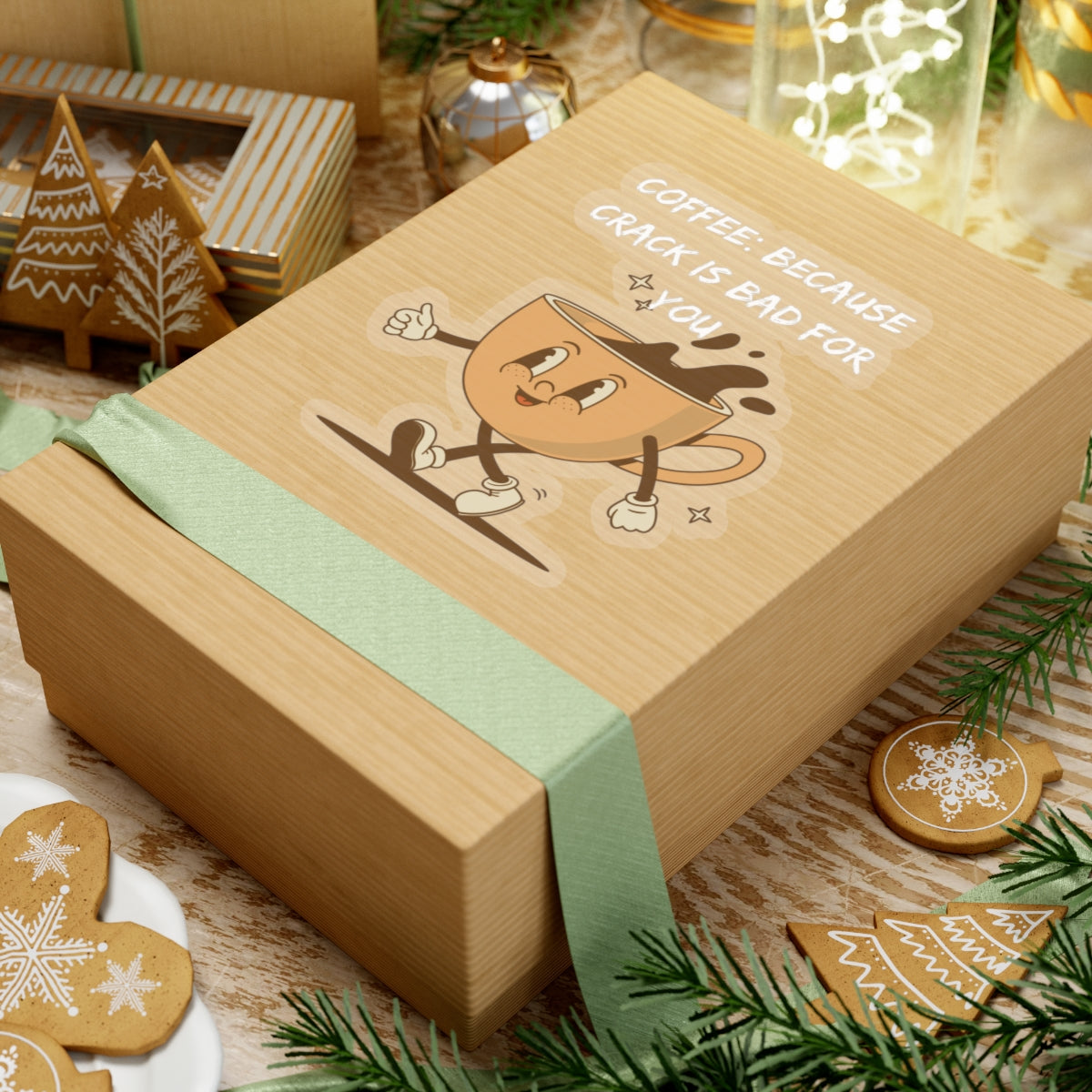 Printify humor kiss-cut sticker featuring a coffee cup with funny quote on a gift box with holiday decorations