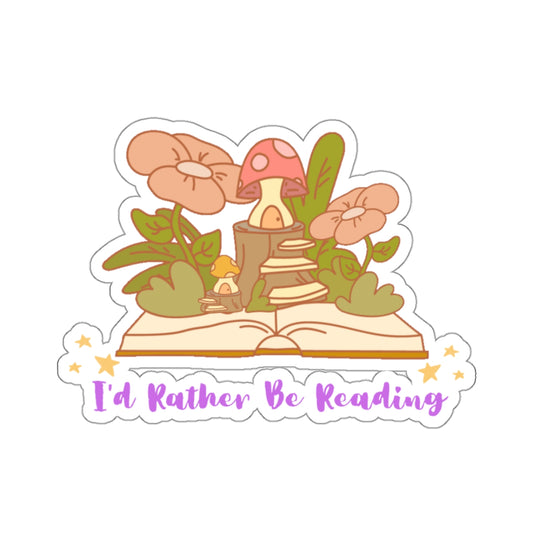 I'd rather be reading cute book lover sticker with open book, mushrooms, and flowers design