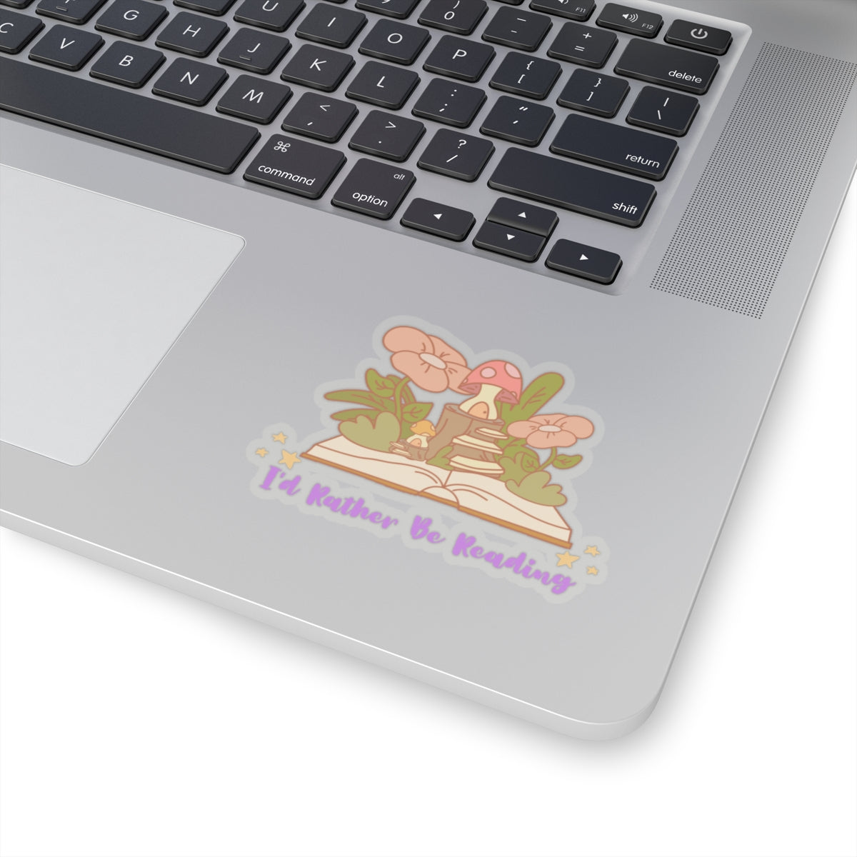 I'd rather be reading cute book lover sticker with flowers and mushrooms on an open book by Printify