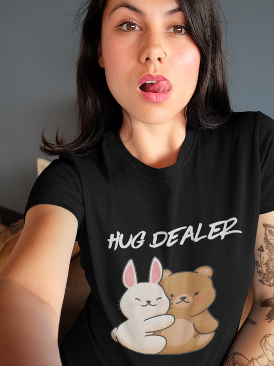 Printify model wearing black hug dealer kawaii t-shirt featuring a bunny and bear hugging graphic
