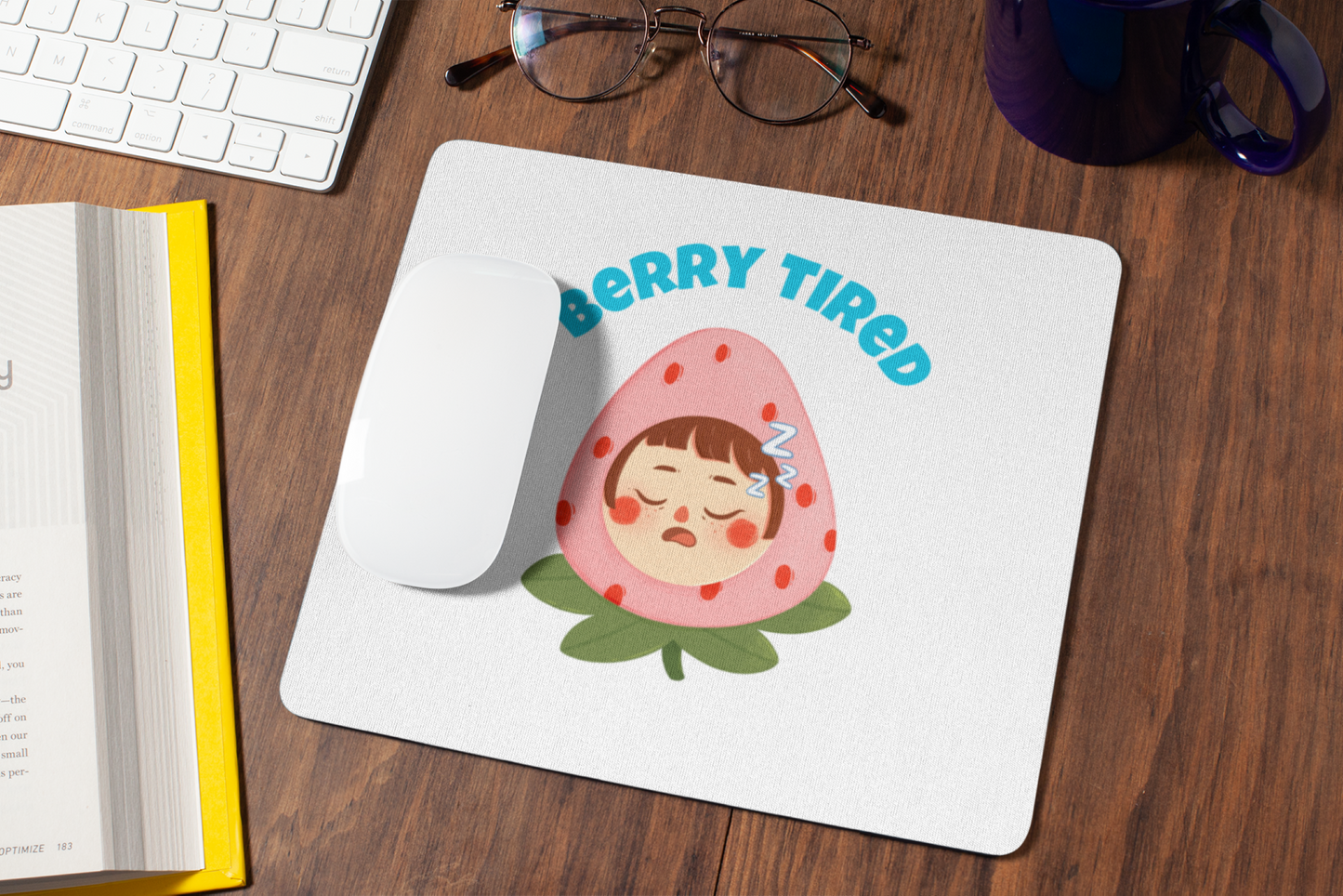 Printify cute cartoon pun berry tired mouse pad with sleeping strawberry character on white background