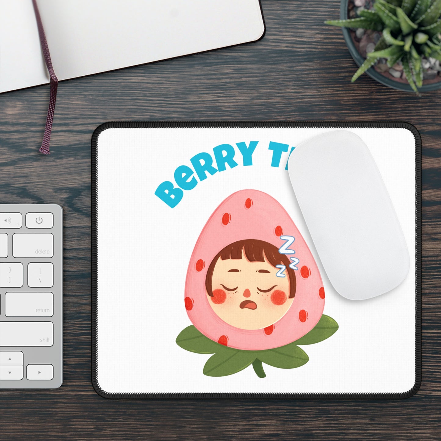 Printify cute cartoon pun berry tired mouse pad featuring a sleeping strawberry face on white background