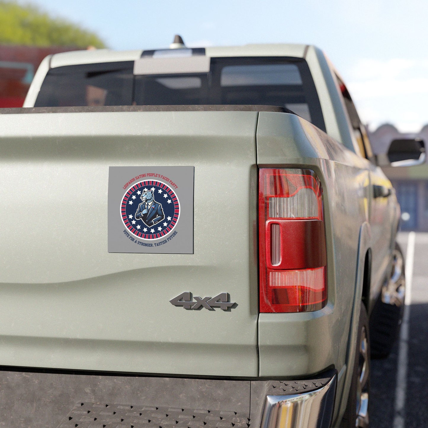 Funny political magnet featuring a leopard eating people's faces, perfect for truck decor