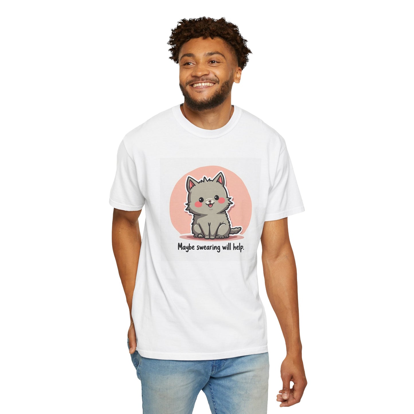 Printify white T shirt with a cute gray kitten graphic and the slogan cute cat maybe swearing will help shirt.