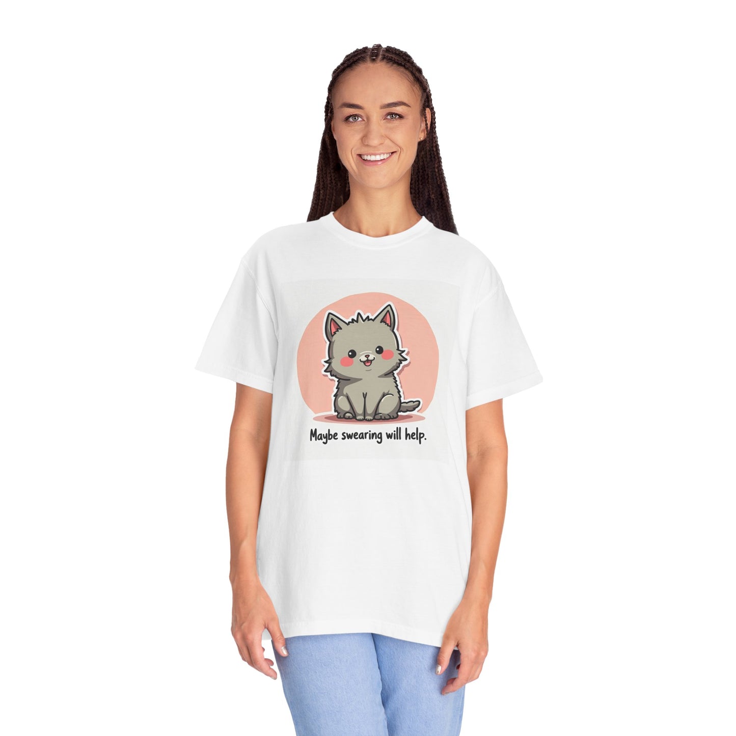 Printify white T shirt with cute gray cat illustration and text Maybe swearing will help cute cat maybe swearing will help shirt.