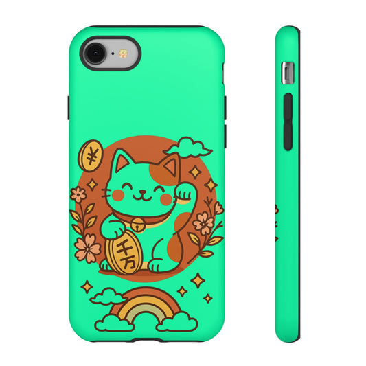 Mint green phone case featuring a japanese kawaii lucky cat phone case design with waving maneki neko, flowers and rainbow