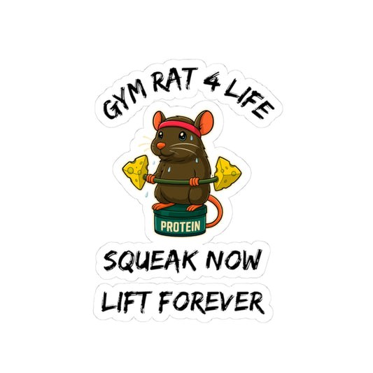 Printify gym rat stickers featuring cartoon rat lifting cheese barbell on protein tub with headband and motivational text