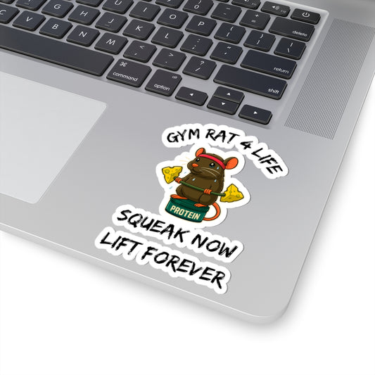 Printify gym rat stickers featuring a cartoon weightlifting rat on a protein jar shown as laptop decal
