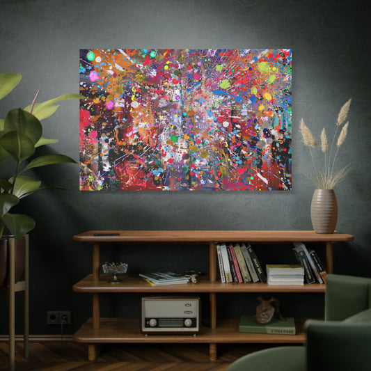 Colorful neon explosion abstract art canvas print displayed on living room wall above wooden shelf