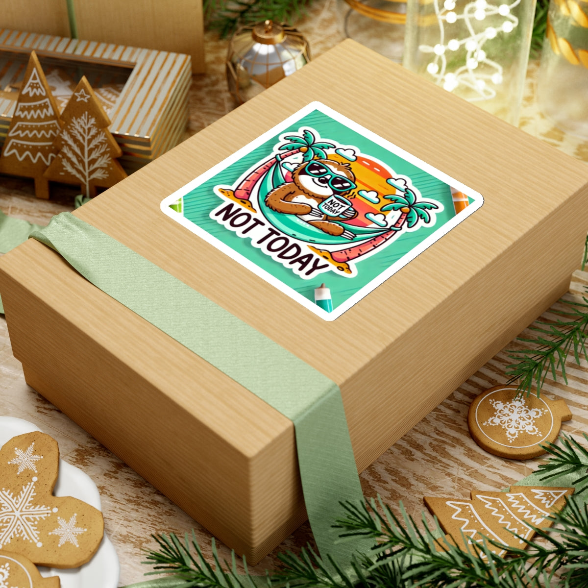 Not today funny sloth sticker on a gift box with holiday decorations and cookies nearby