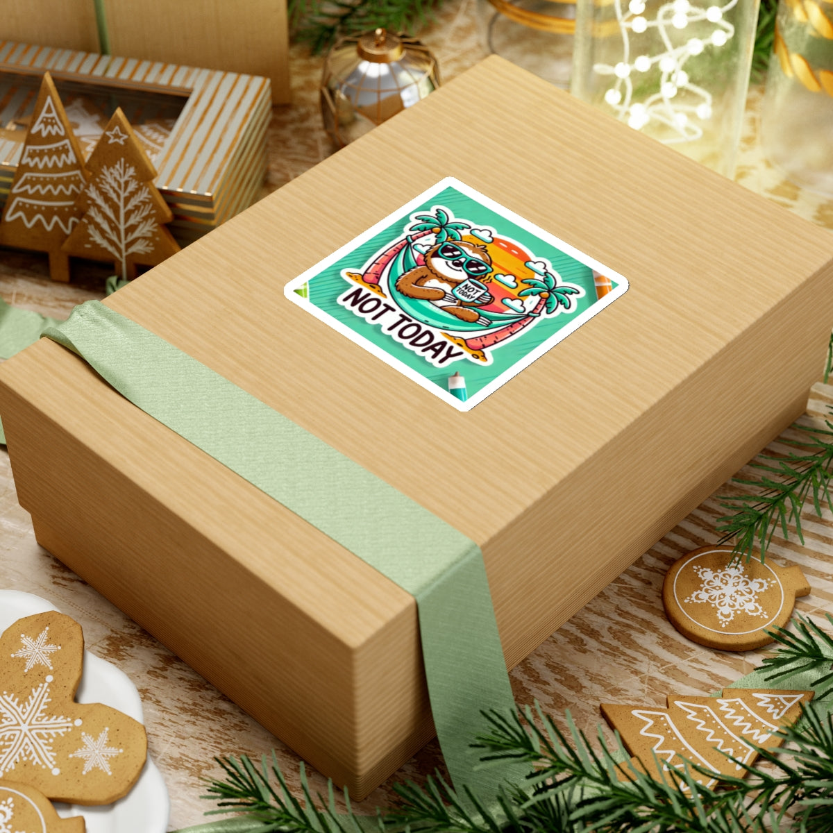 Not today funny sloth sticker on a wrapped gift box with holiday cookies and decorations
