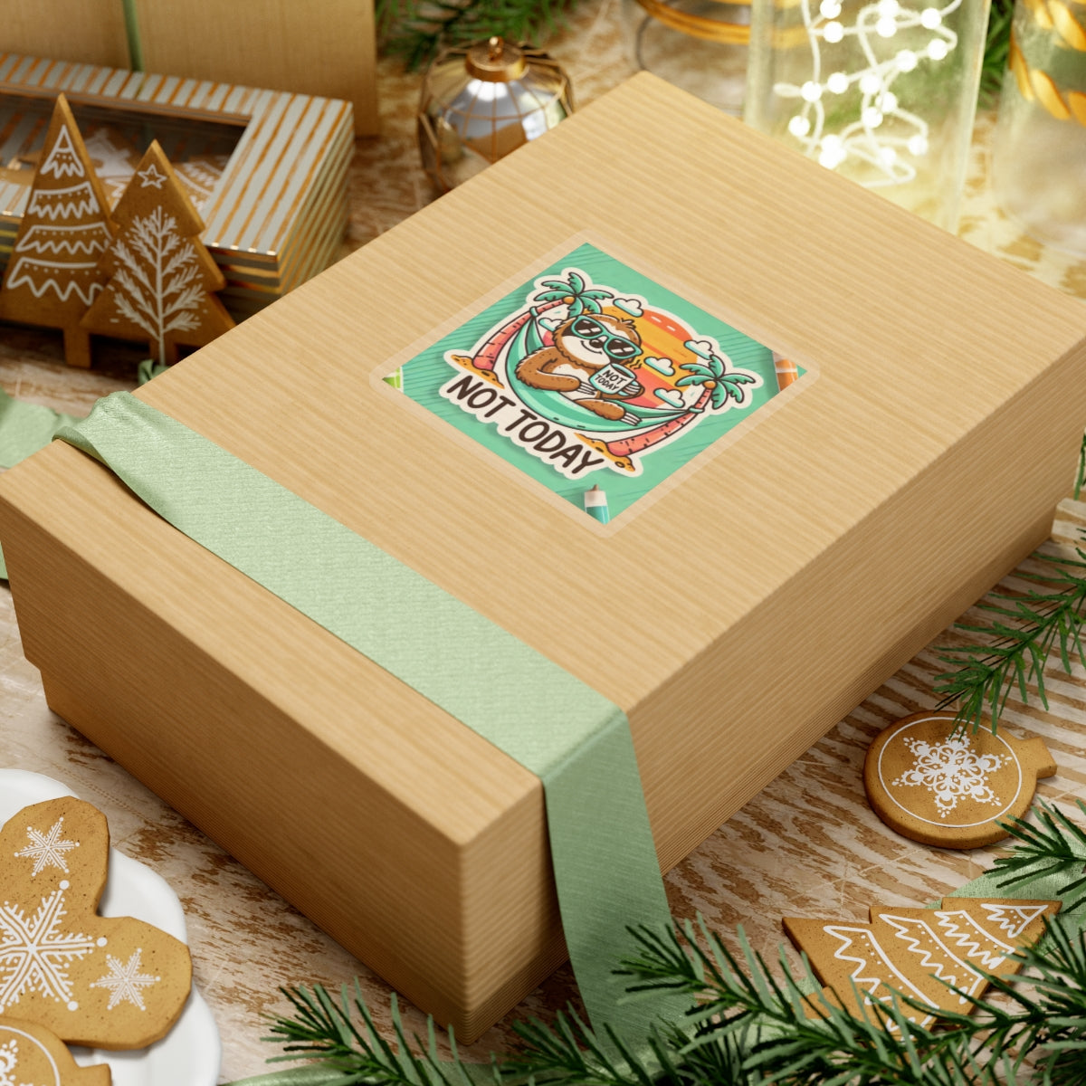 Printify paper product gift box featuring a not today funny sloth sticker with tropical design