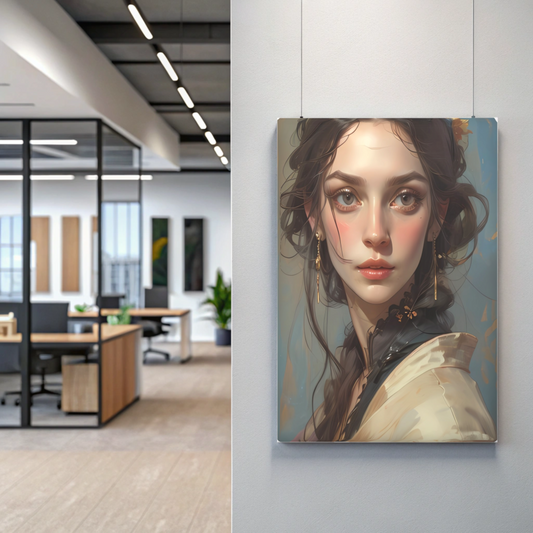A modern office features the Canvas Print | Classical Women Headshot Painting by Printify, showing a young woman with long hair and delicate features on eco-friendly canvas, displayed on a light wall near the entrance.