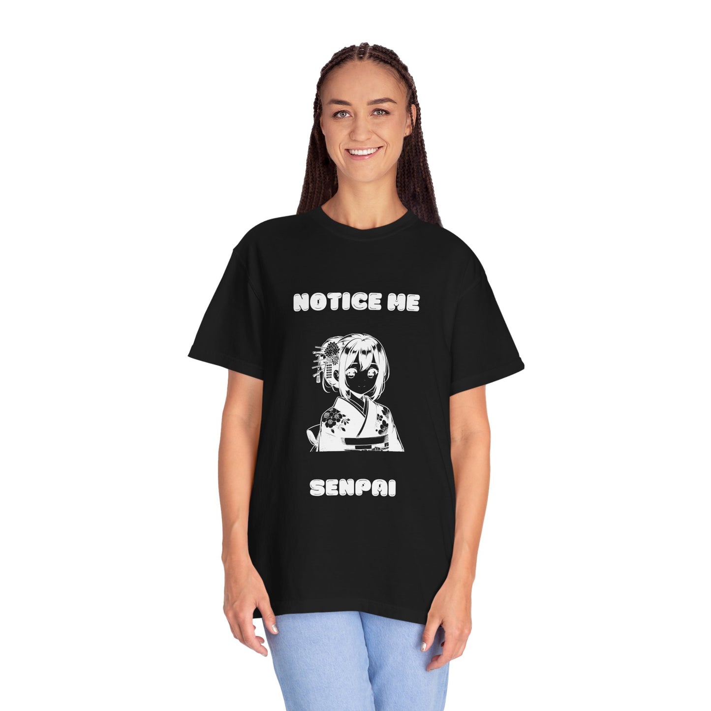 Printify black T shirt with white anime girl graphic and text notice me senpai anime meme notice me senpai clothing for adults
