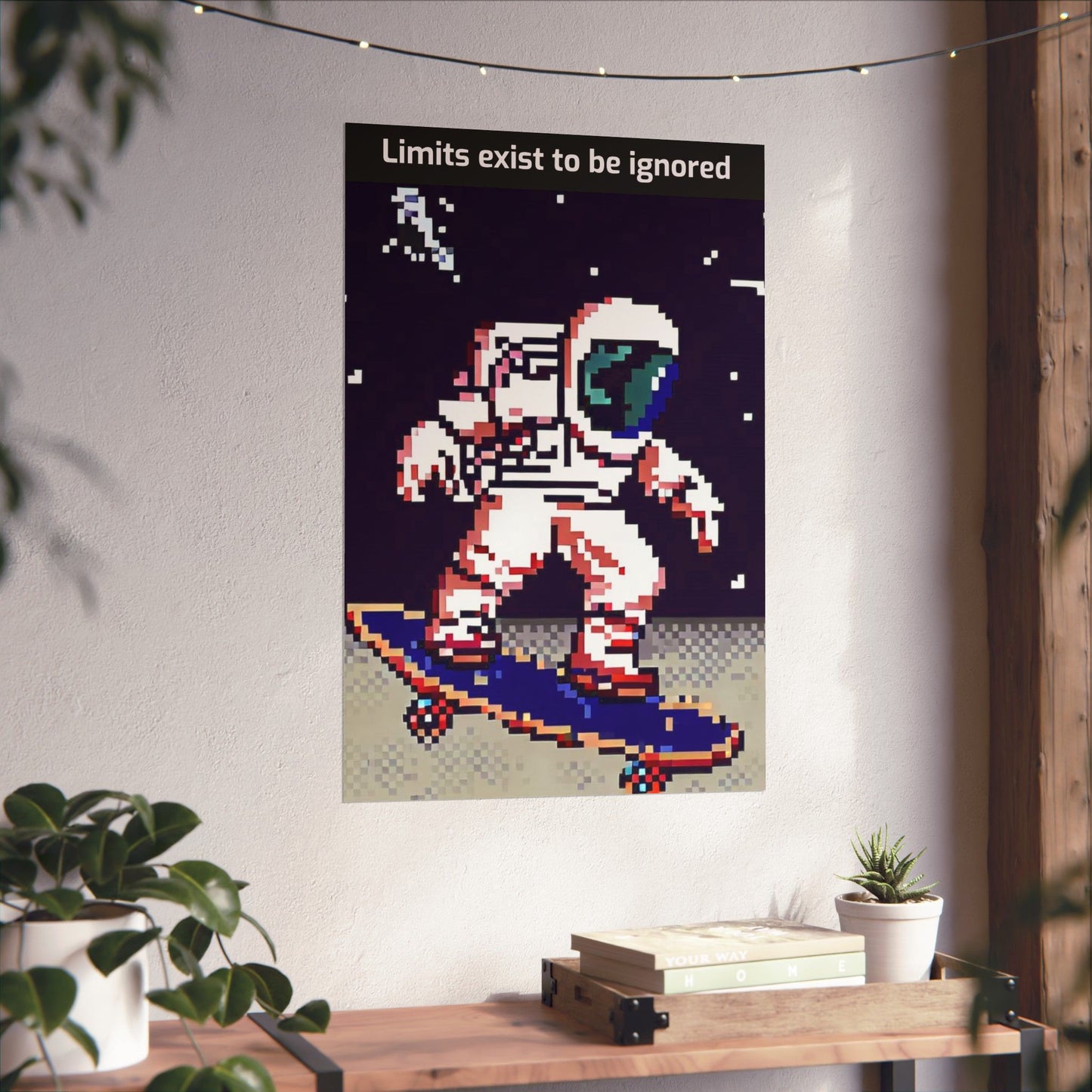 Printify astronaut skateboard motivational poster with pixel art astronaut skateboarding in space