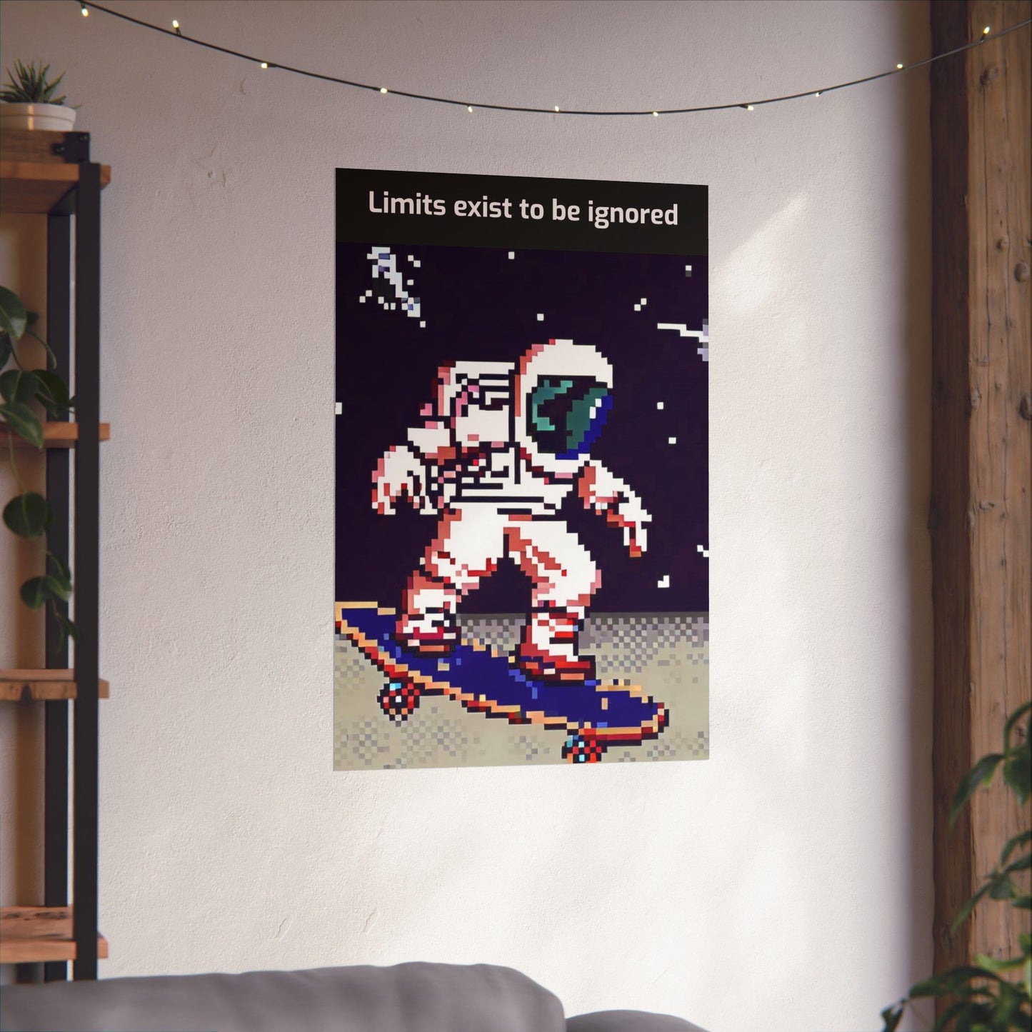 Pixel art astronaut on a skateboard with text Limits exist to be ignored astronaut skateboard motivational poster