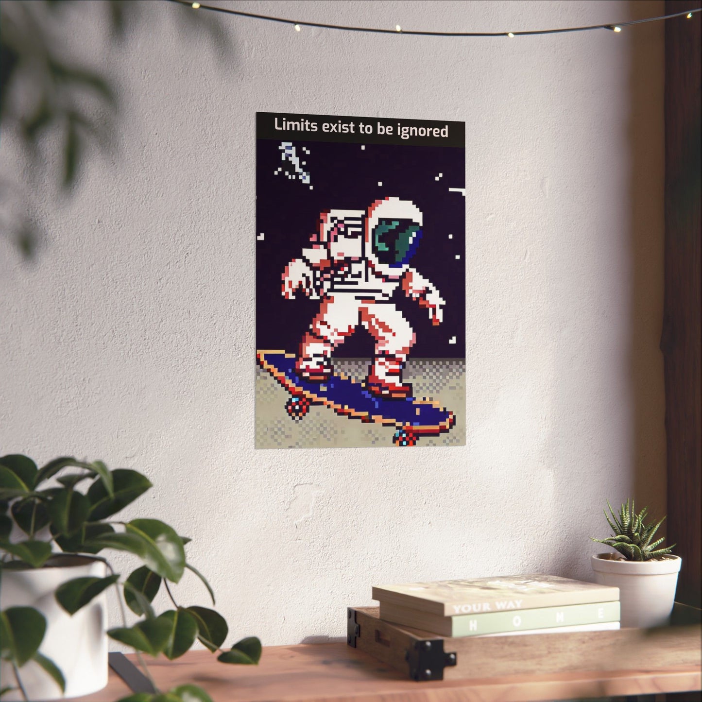 Printify astronaut skateboard motivational poster with pixel art astronaut on skateboard and limits quote