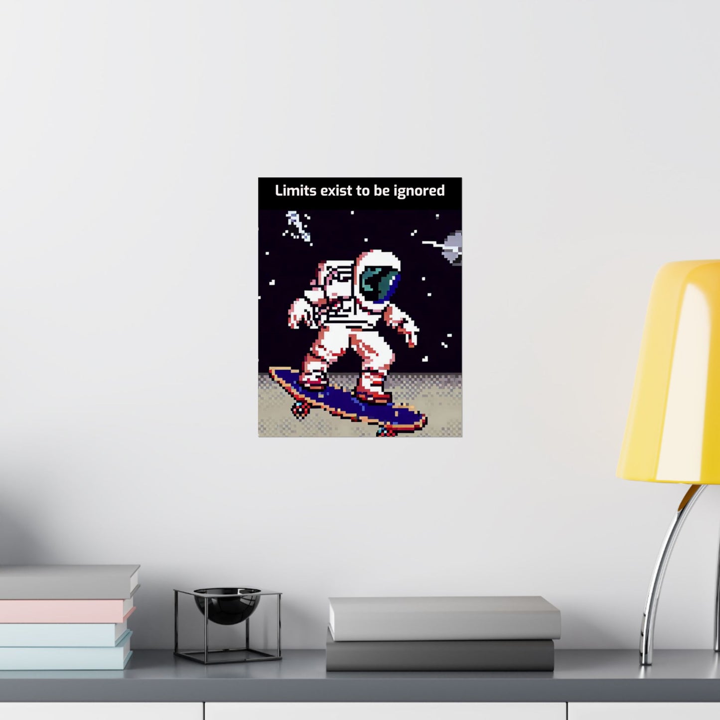 Printify astronaut skateboard motivational poster with pixel art astronaut skating in space