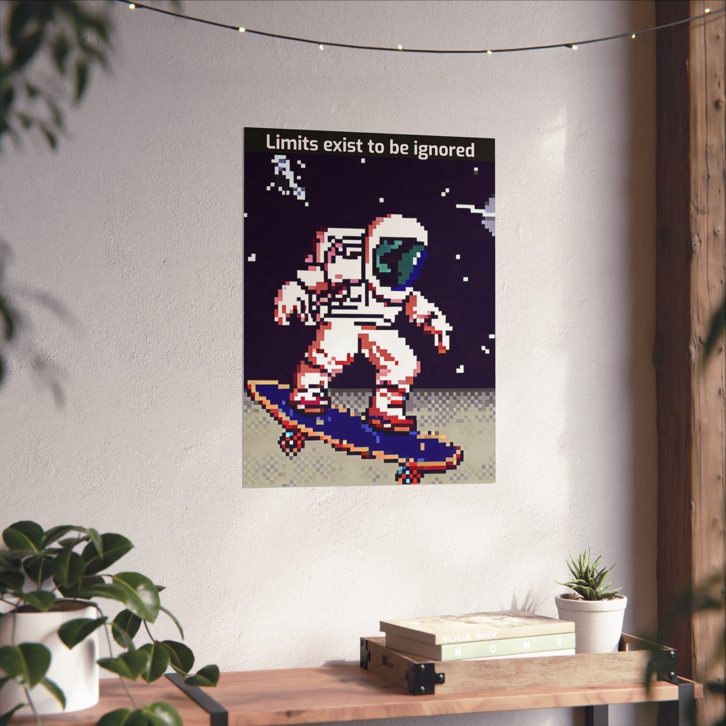 Astronaut skateboard motivational poster with pixel art astronaut skating and the phrase Limits exist to be ignored