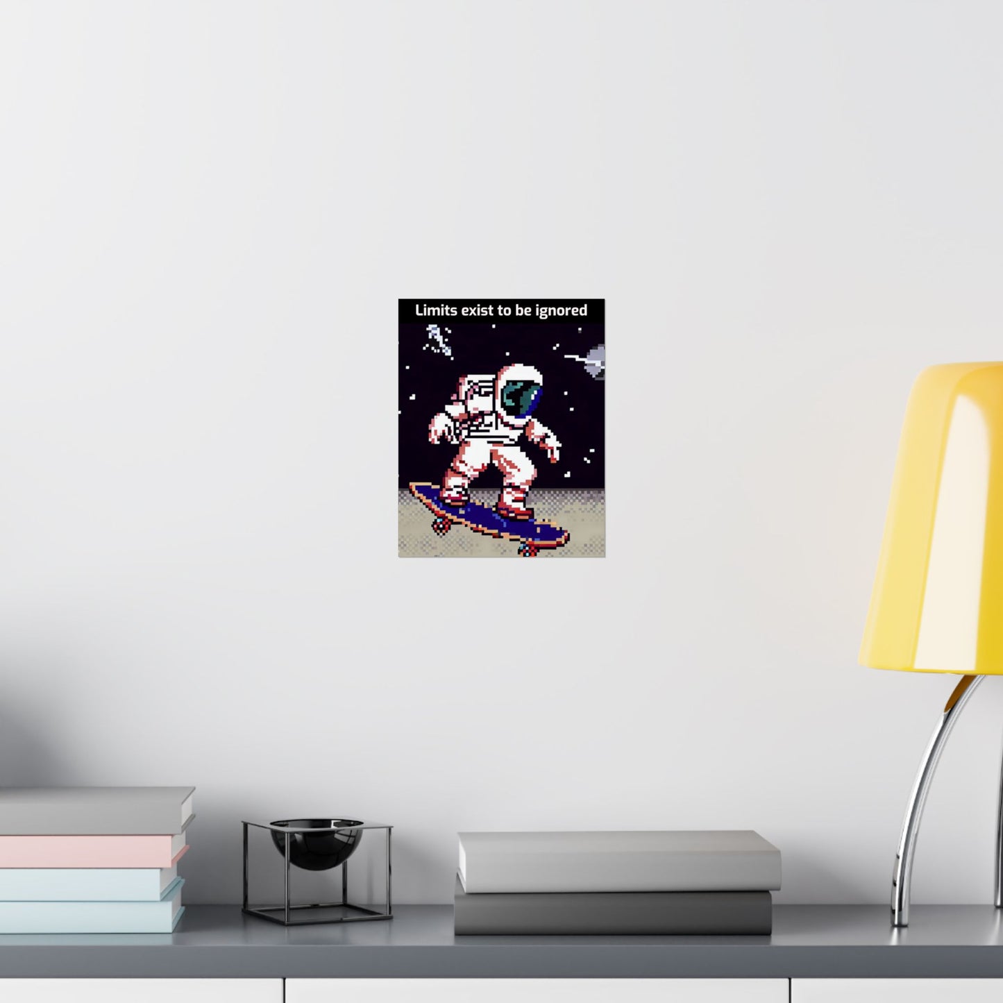 Astronaut skateboard motivational poster with pixel art astronaut skateboarding in space saying limits exist to be ignored