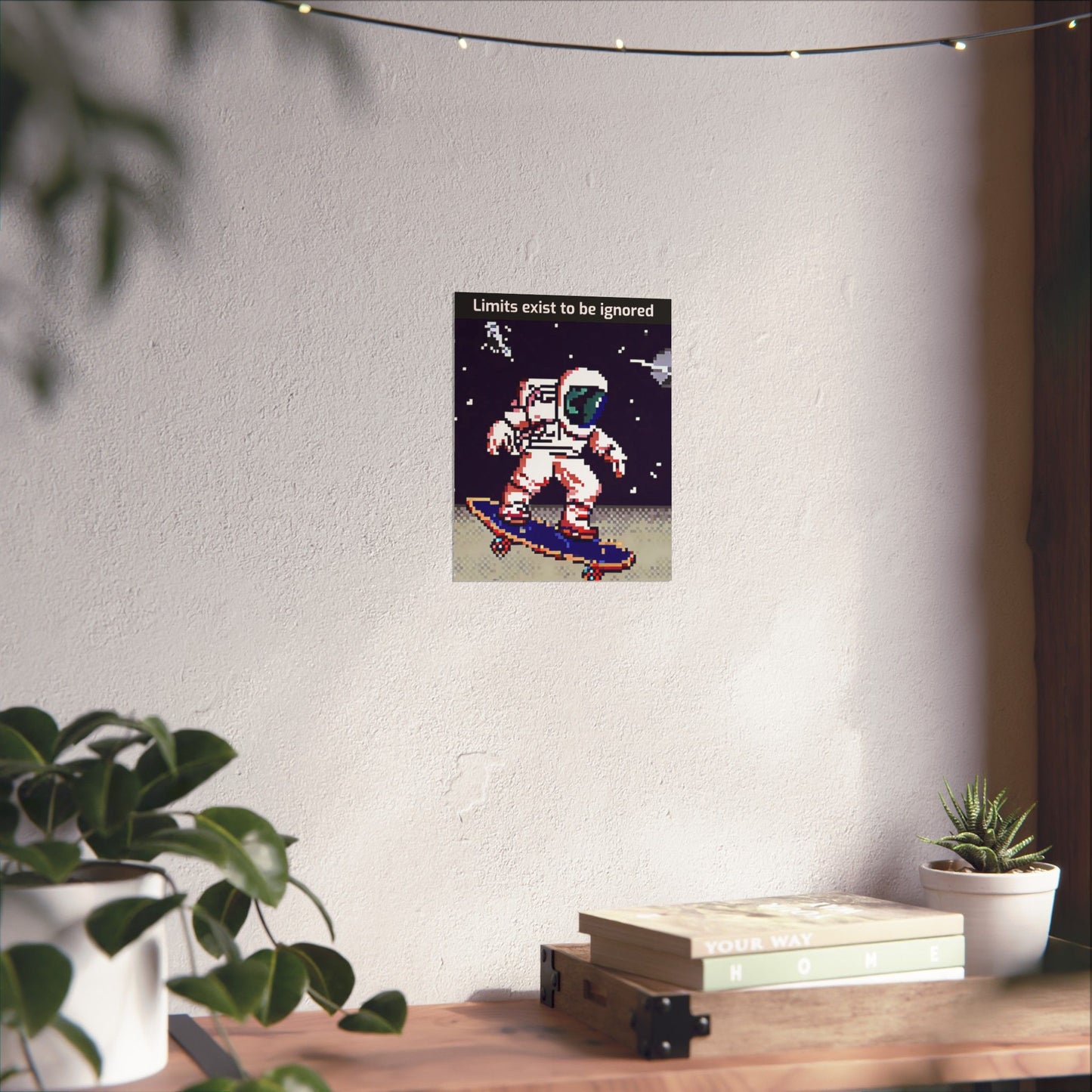 Printify astronaut skateboard motivational poster with pixel art astronaut skating and text limits exist to be ignored