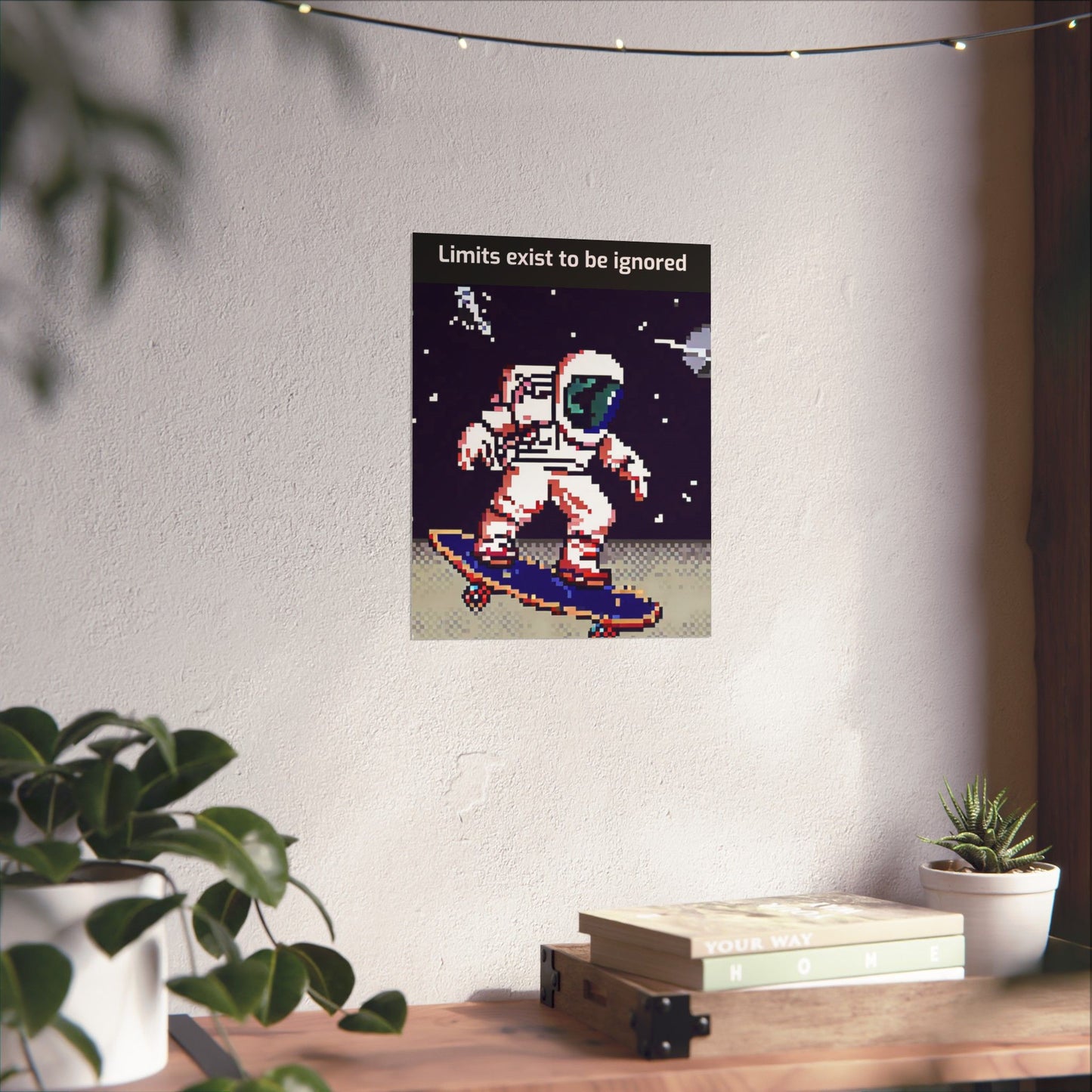 Printify astronaut skateboard motivational poster with pixel art astronaut and quote Limits exist to be ignored