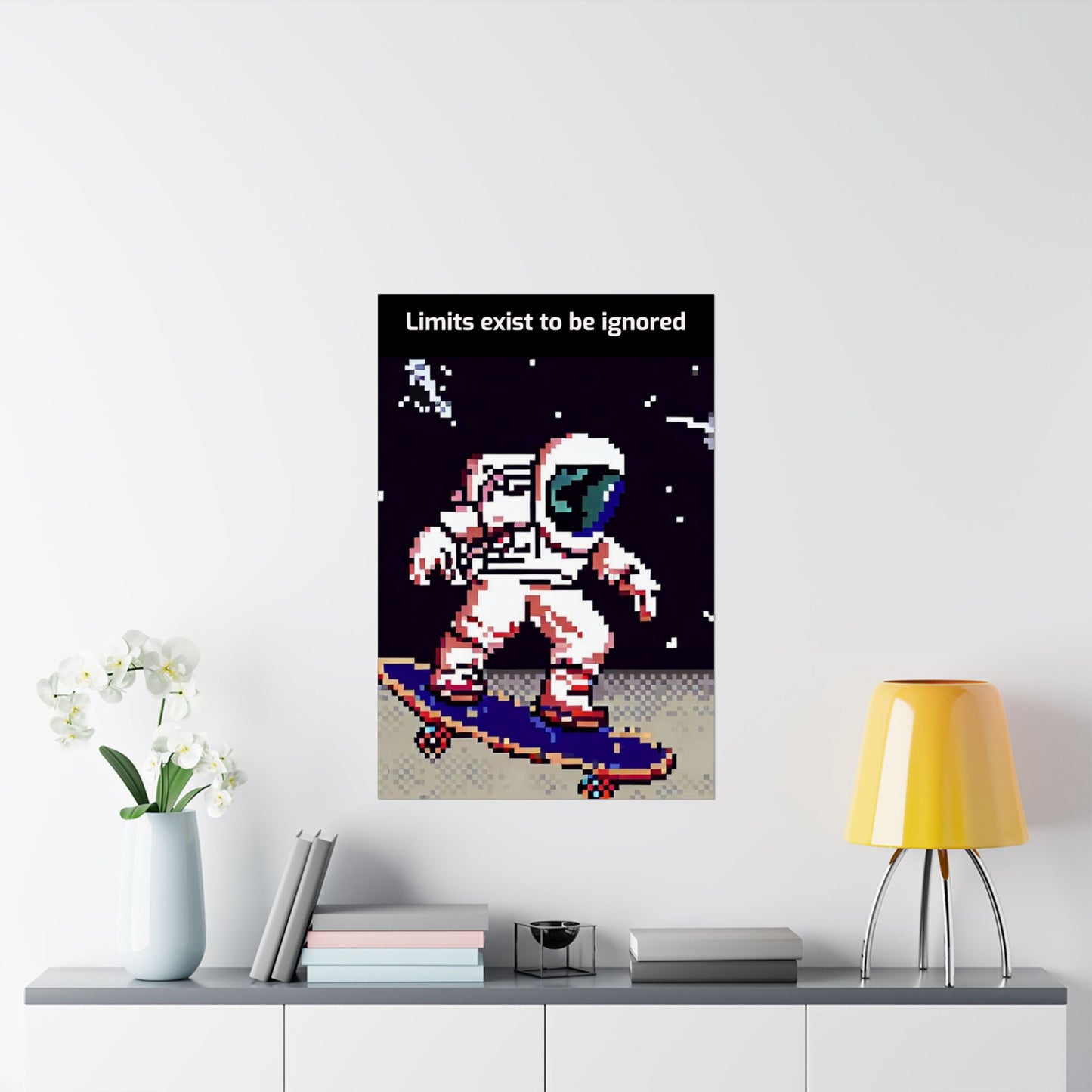 Astronaut skateboard motivational poster with pixel art astronaut skateboarding and text limits exist to be ignored